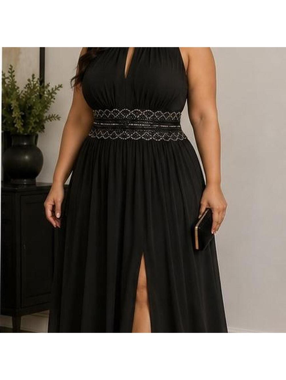 Plus Size Black Maxi Dress with Beaded Waist Detail and Slit